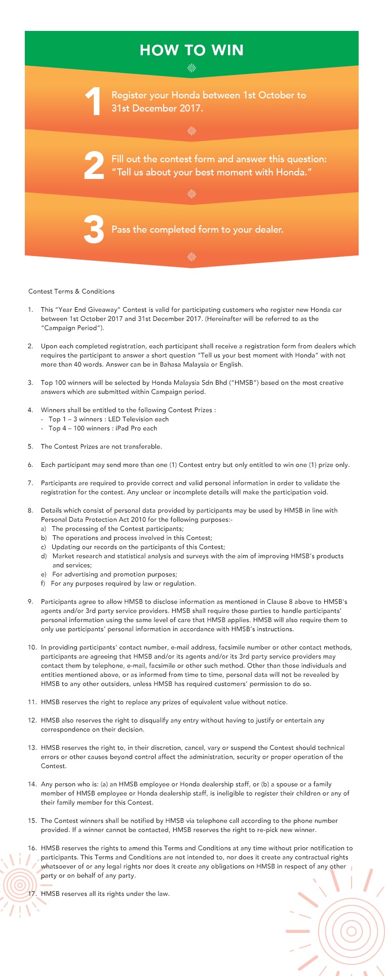 Honda 17th Anniversary terms and conditions